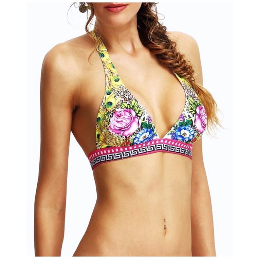 size : S : leopard print patterned floral halter bikini swim swimsuit top